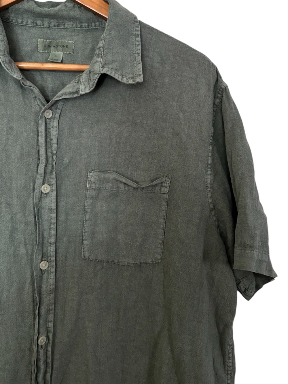 💥 Sun + Stone Olive Green Short-Sleeve Linen Button-Up Shirt